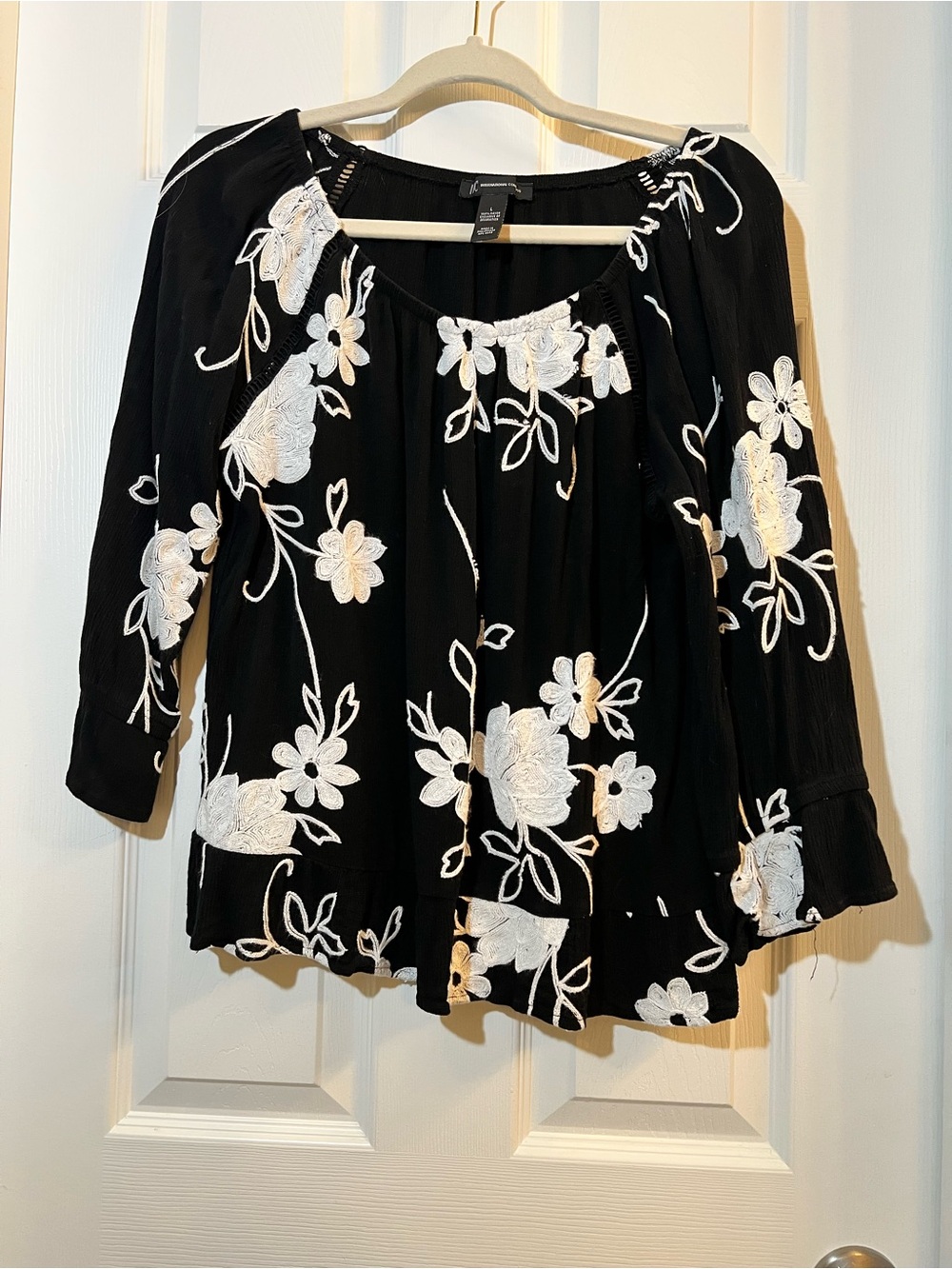 INC International Concepts Black Peasant Blouse with White Floral Embroidery L
